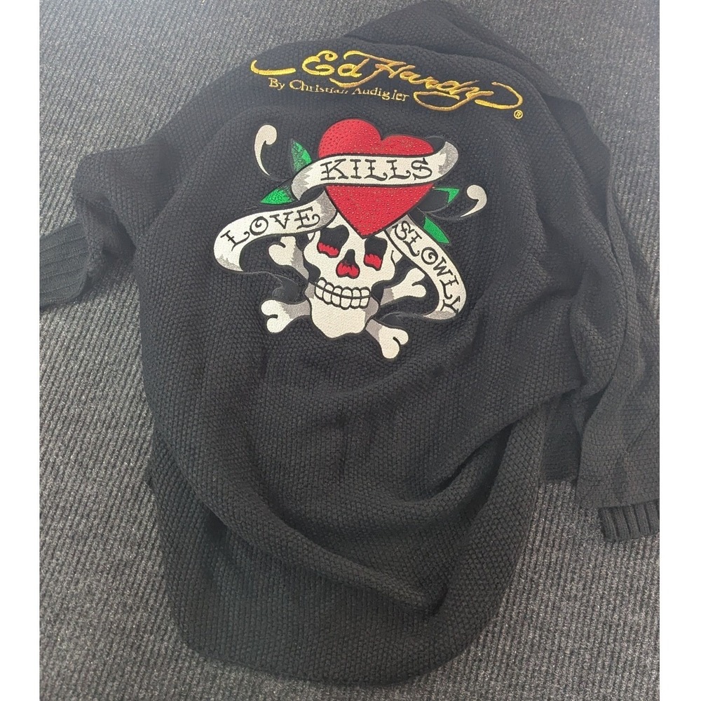 Ed Hardy Love Kills Slowly Vtg Y2k Black Draped Open Cardigan Sweater Womens M